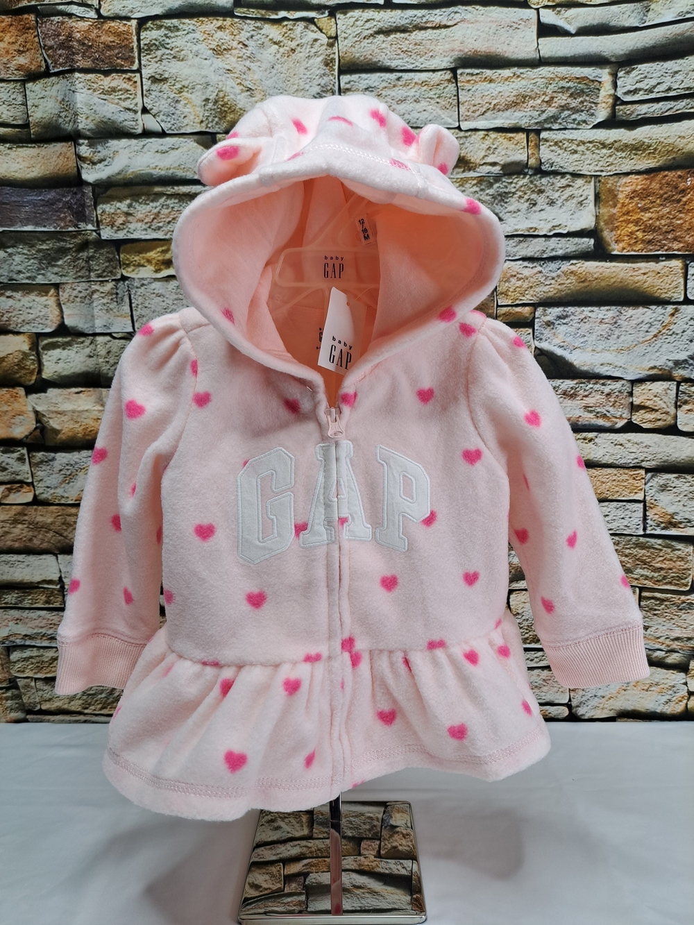 BABY GAP LOGO FLEECE Pink Hearts Hooded Peplum Zip Hoodie